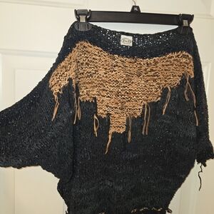 Black Open-Knit Fringe Pullover with Tan Yoke